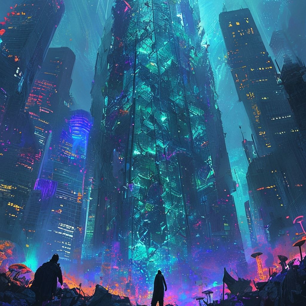 A towering, vine-choked skyscraper looms over a fractured metropolis, its glass panes shattered like dragon scales, while bioluminescent fungi pulse in the ruins below. A lone, hooded figure stands...