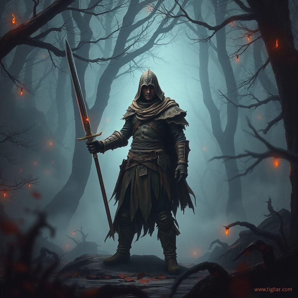 A lone fantasy warrior, clad in weathered leather armor and a tattered cloak, stands amidst a dense, mist-shrouded forest, his sword drawn, ready for battle. The forest is alive with eerie, glowing...