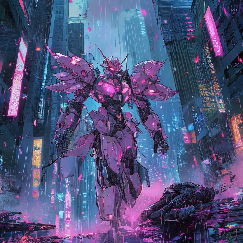 A delicate shoujo manga-style mecha with flowing, petal-like armor stands amidst a rain-soaked neon city, its glowing pink eyes reflecting shattered skyscrapers as it cradles a wounded enemy pilot ...