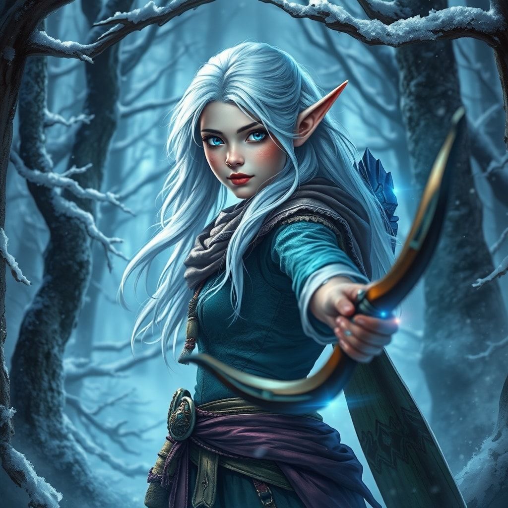 mystical young woman elf with silver hair and glowing blue eyes stands amidst an ancient, snow-laden forest, elven archer