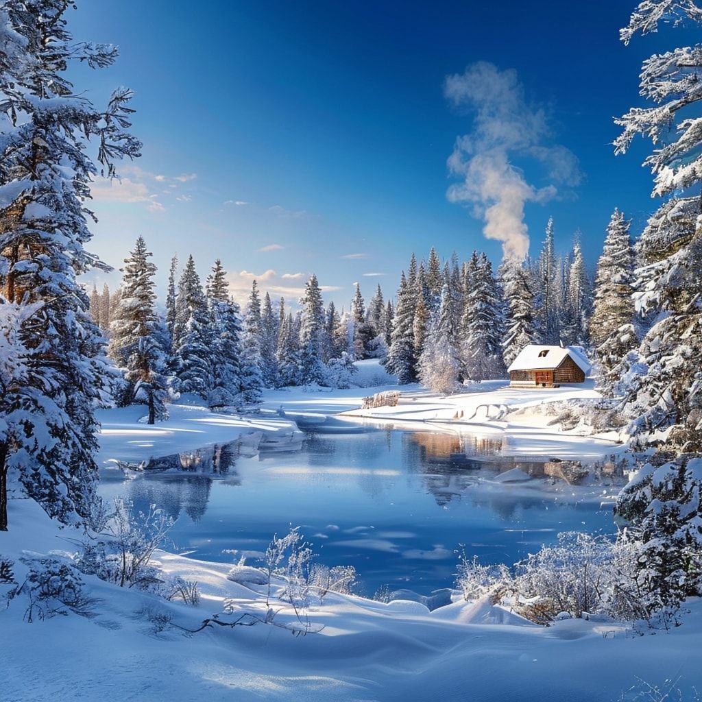 A breathtaking winter landscape featuring a frozen lake surrounded by snow-laden evergreen trees. In the distance, a cozy wooden cabin with a smoke rising from its chimney nestles among the trees. The sky is a clear, deep blue, and the low sun casts a soft, warm golden light across the scene, creating a magical and serene atmosphere. The snow on the ground and trees is detailed with a crisp, photorealistic texture, emphasizing the cold, fresh air. The composition is balanced, with the lake leading the eye towards the cabin, evoking a sense of peaceful solitude and winter wonder.