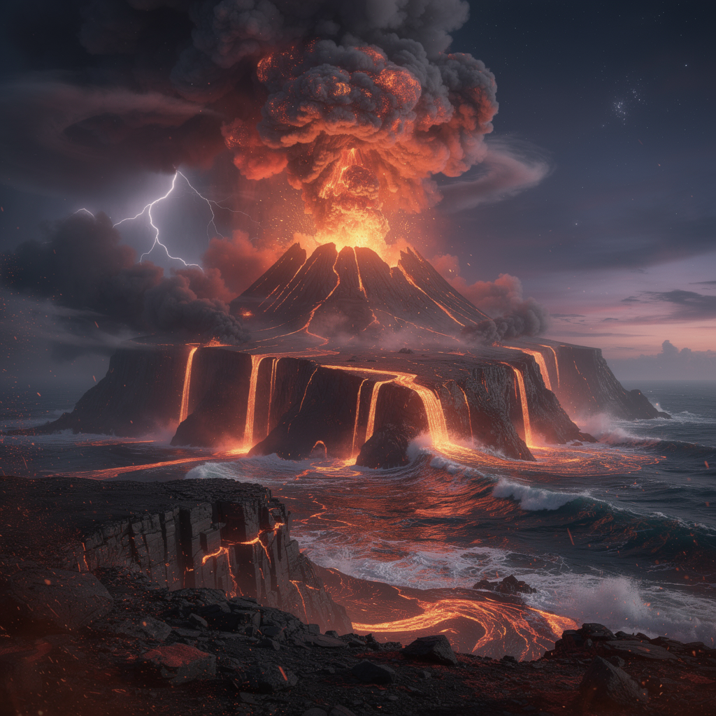 A towering volcanic island erupts violently, molten lava cascading down jagged cliffs into a stormy ocean, illuminated by fiery orange glow against a twilight sky. Dense ash clouds swirl dramatical...