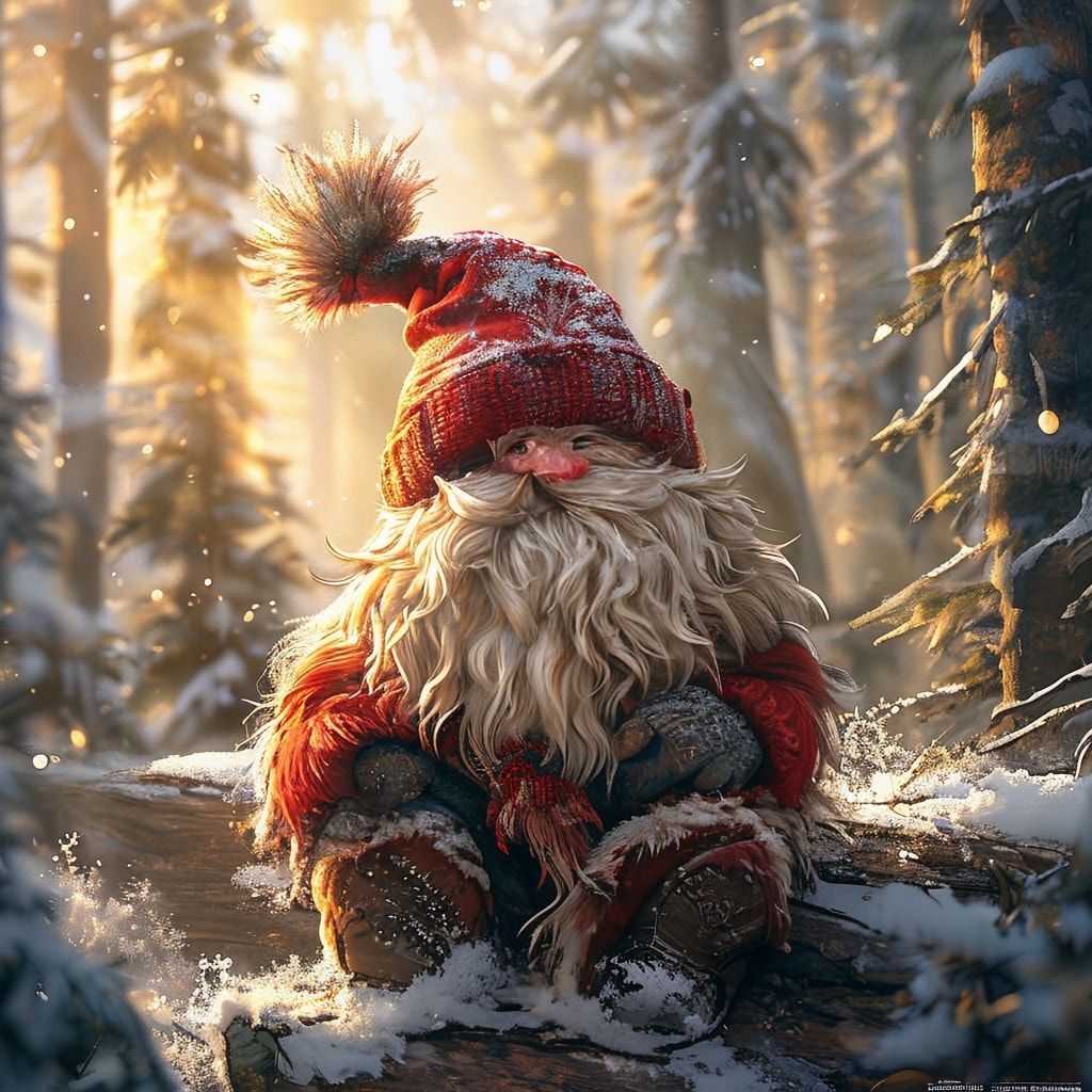 A charming winter gnome with a thick, fluffy red and white fur hat and a matching scarf, sitting on a snow-covered log in a magical winter forest with tall evergreen trees, soft golden sunlight filtering through the branches, creating a warm and cozy atmosphere, photorealistic style, high detail, vibrant colors, magical fantasy setting.