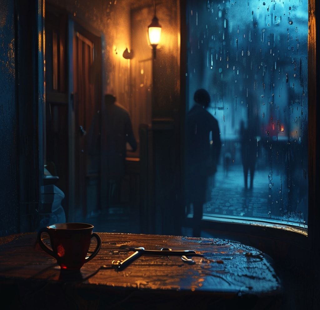 Cinematic music single cover art. A moody hallway at midnight with soft dim lighting. Foreground: close-up on a wooden table with house keys and two cups of unfinished cold tea. Background: a window covered in raindrops, looking out to a cold, dark night street. Two melancholic silhouettes of a man and a woman standing in the doorway. High emotional tension, atmosphere of a difficult choice. Warm amber indoor light contrasting with cold blue darkness outside. Hyper-realistic, highly detailed, 8k, melancholy aesthetic.