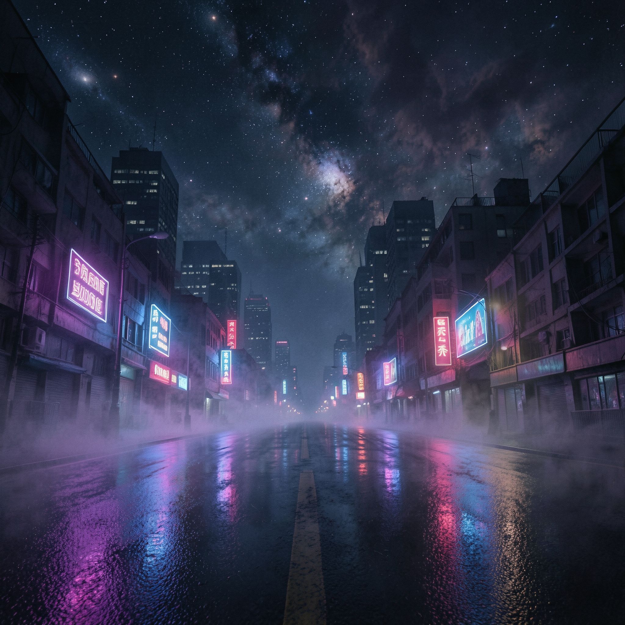 A dark synthwave cinematic scene: an empty night road cutting through a futuristic noir city, glowing with deep neon lights in purple, blue, and crimson. Thick fog drifts across the street, reflecting neon signs and distant skyscrapers. Above the city, the night sky opens into a surreal cosmic view — stars, nebula clouds, and faint galaxies blending into the urban skyline. The atmosphere is mysterious, epic, and cinematic, mixing cyberpunk noir with cosmic fantasy. High contrast lighting, dramatic perspective, wide-angle shot, neon reflections on wet asphalt, volumetric fog, deep shadows, subtle film grain, retro-futuristic color palette, epic dark mood, like a scene from a sci-fi movie.