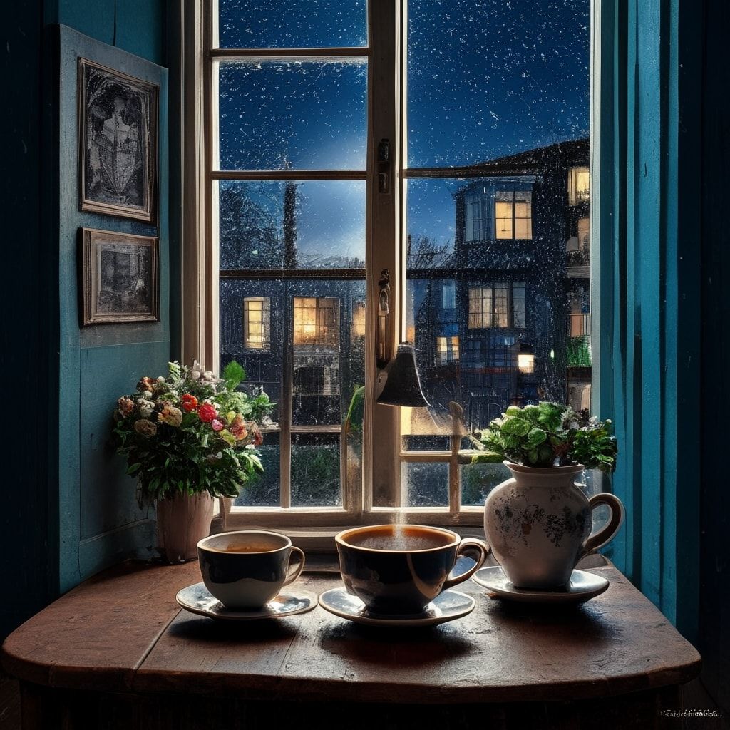 Обложка для музыкального сингла, кинематографичный кадр. Полночь, прихожая в мягком приглушенном свете. На переднем плане крупно на деревянном столе лежат ключи и стоят две чашки недопитого остывшего чая. На заднем плане — окно, залитое каплями дождя, за которым видна холодная ночная улица. В дверях застыли два меланхоличных силуэта. Атмосфера момента, когда нужно принять решение. Теплый свет внутри против синей тьмы снаружи. Высокая детализация, эстетика меланхолии