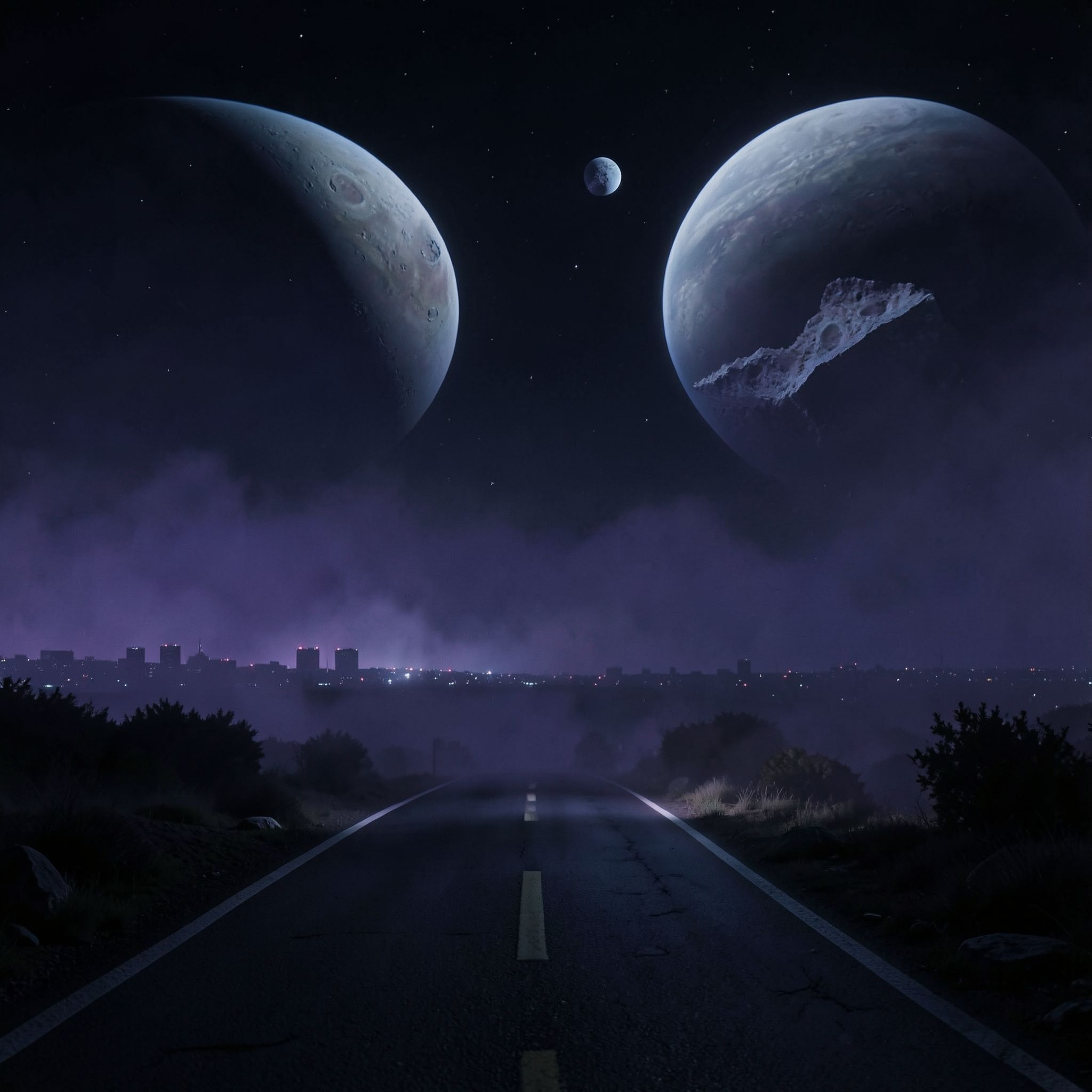 A dark, cinematic synthwave scene where a lonely night road fades into an otherworldly cosmic landscape. The city feels distant and abstract, barely visible through deep violet and blue mist. Above the horizon, massive planets and fractured moons glow softly, suspended in the dark sky like ancient celestial beings.