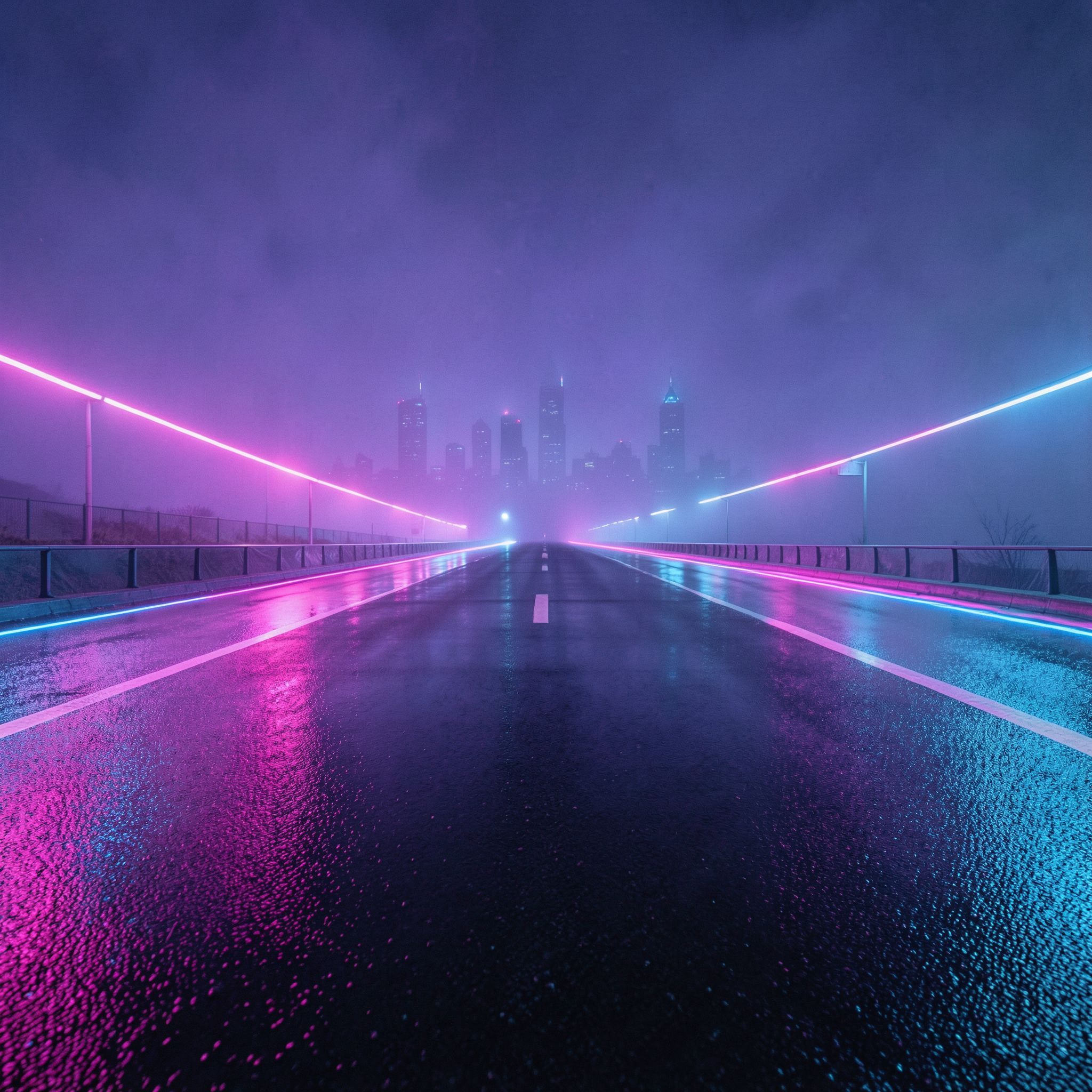 A cinematic synthwave scene at night: a long, empty futuristic road dominates the foreground, glowing with neon pink and electric blue light. Wet asphalt reflects the neon glow, creating strong symmetrical reflections and a sense of motion and depth. In the far distance, a futuristic city skyline is barely visible through thick violet-blue fog, reduced to soft silhouettes with no visible details. The focus is entirely on the road and atmosphere, not the buildings. The mood is lonely, epic, and retro-futuristic, inspired by synthwave aesthetics. 80s cyberpunk mood, neon haze, minimal city presence, wide-angle perspective, cinematic lighting, retro-futurism, ultra-detailed, high contrast, album cover, 4K, no text, no signs, no billboards, no letters, no symbols, no logos.