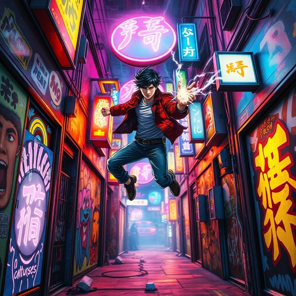 A neon-lit alleyway explodes with vibrant street art, glowing under flickering holographic signs. A lone shonen hero, clad in a tattered red jacket, leaps mid-air, fist ignited with electric energy...