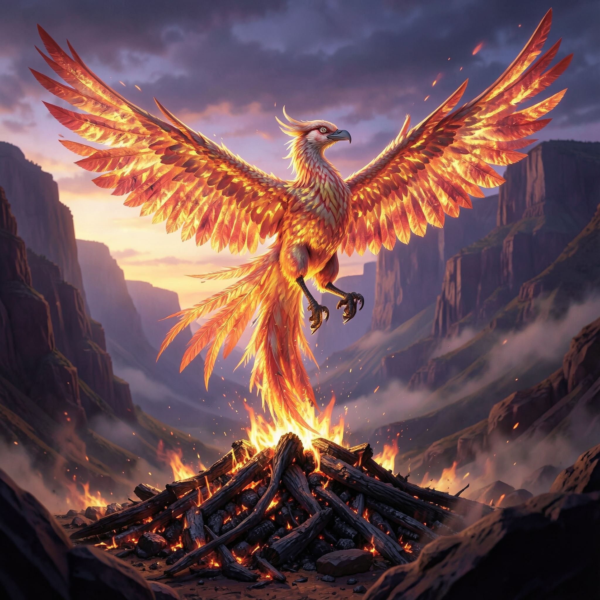 A majestic phoenix, its iridescent plumage shimmering in golden and crimson flames, ascends gracefully from a smoldering ash mound in a vast, windswept canyon at dusk, its wings casting dramatic si...