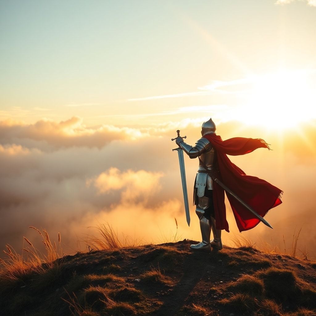 A lone knight in polished silver armor stands atop a misty hill at dawn, his sword gleaming as golden sunlight breaks through the clouds, casting long dramatic shadows. The wind rustles his crimson...