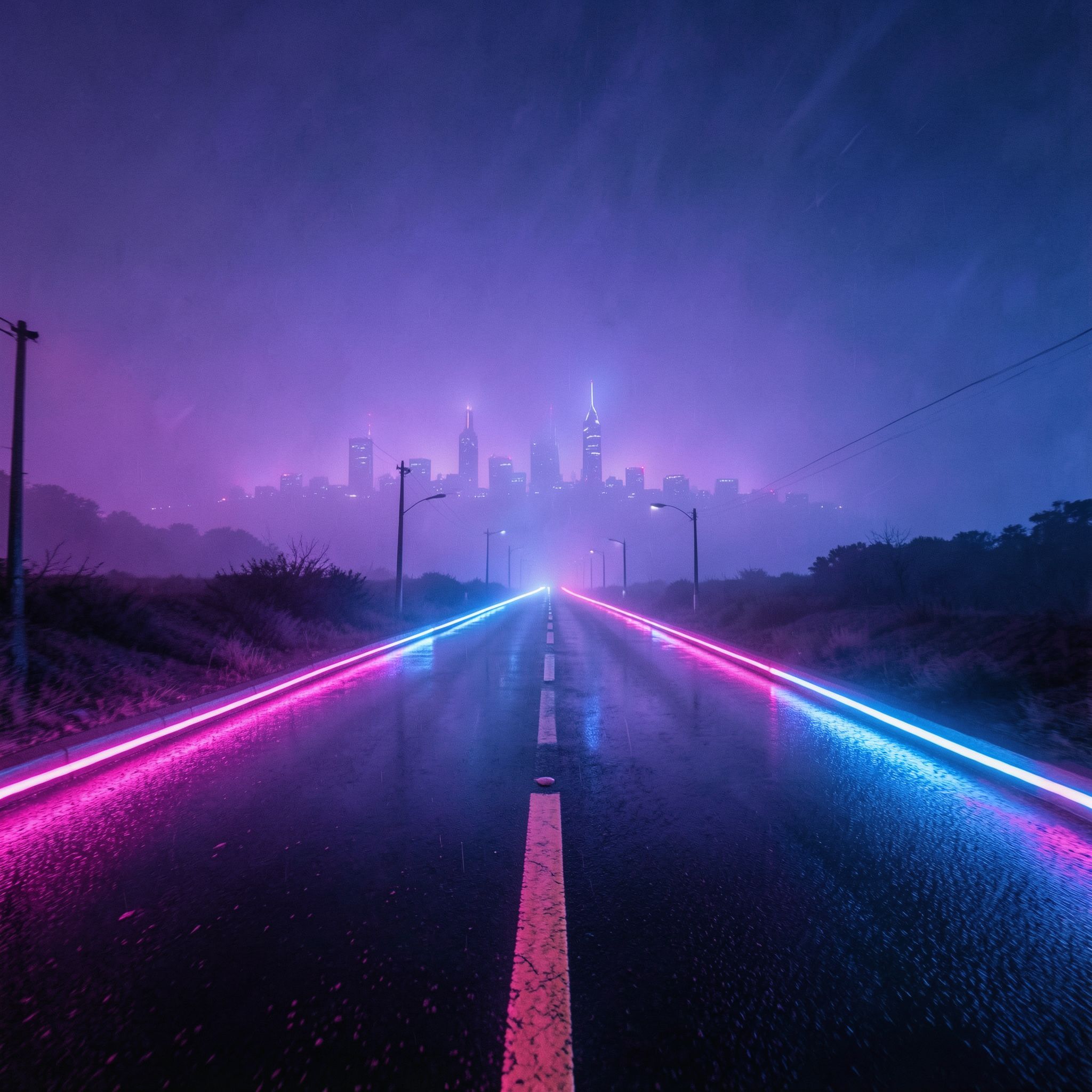 A cinematic synthwave scene at night: a long, empty futuristic road dominates the foreground, glowing with neon pink and electric blue light. Wet asphalt reflects the neon glow, creating strong symmetrical reflections and a sense of motion and depth. In the far distance, a futuristic city skyline is barely visible through thick violet-blue fog, reduced to soft silhouettes with no visible details. The focus is entirely on the road and atmosphere, not the buildings. The mood is lonely, epic, and retro-futuristic, inspired by synthwave aesthetics. 80s cyberpunk mood, neon haze, minimal city presence, wide-angle perspective, cinematic lighting, retro-futurism, ultra-detailed, high contrast, album cover, 4K, no text, no signs, no billboards, no letters, no symbols, no logos.