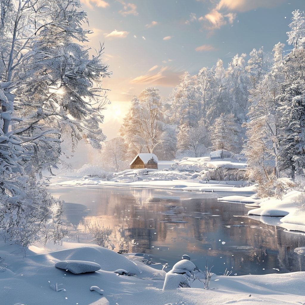 A beautiful winter landscape with snow-covered trees, a frozen lake, and a cozy cabin in the distance. The scene is bathed in soft, warm light from the low winter sun, creating a serene and magical atmosphere. Detailed photorealistic snow texture, crisp cold air, and a sense of peaceful tranquility.