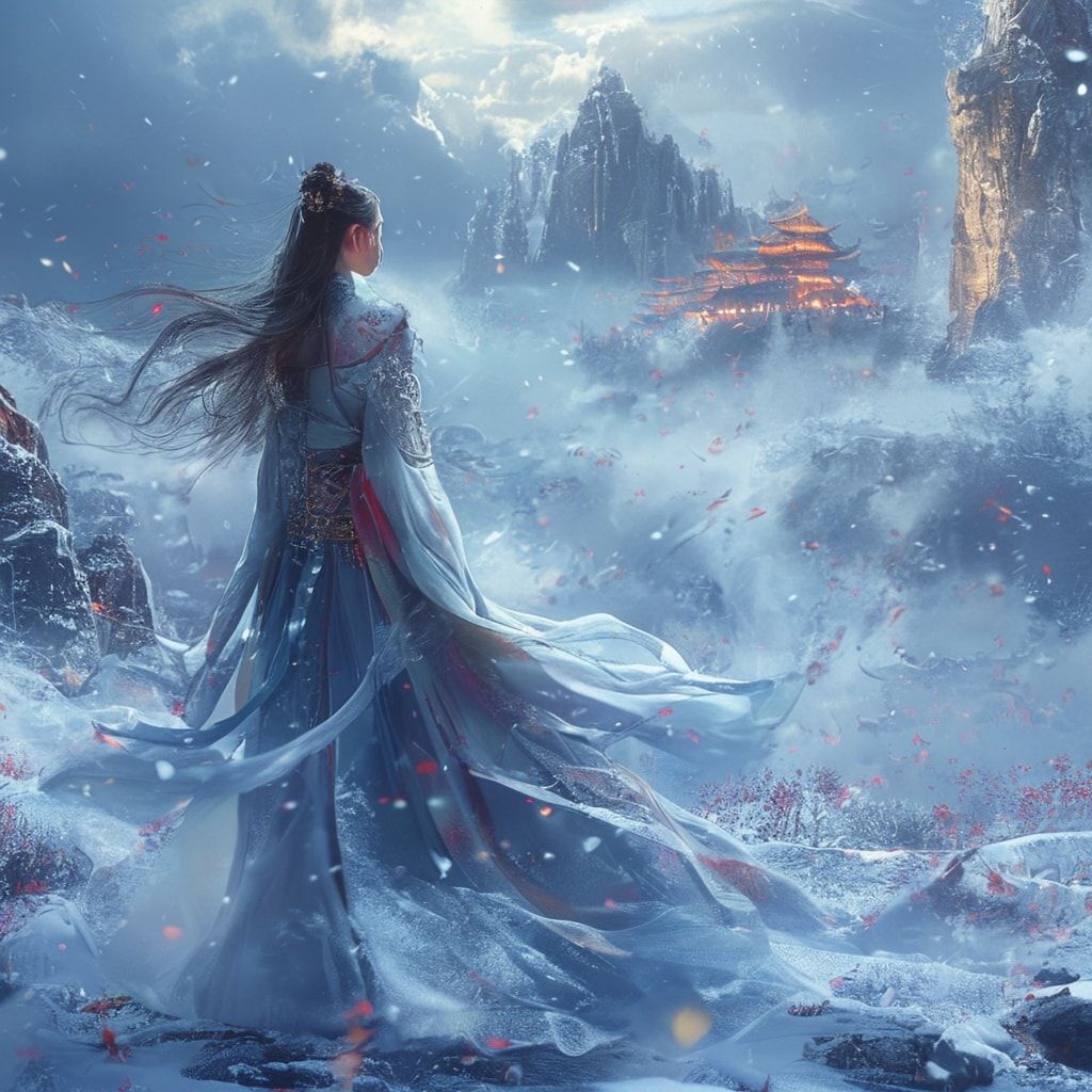 A cinematic fantasy scene inspired by ancient China: a graceful woman in an elegant, flowing Chinese fantasy robe stands alone in an icy valley. Frost and snow cover the ground, shimmering in cold blue light. In the distance, a majestic ancient Chinese castle rises through the mist, surrounded by towering snow-covered mountains. Winter wind moves her long hair and silk fabric, creating a sense of destiny and timeless power. The atmosphere is epic, mystical, and emotional, like a high-budget fantasy movie. Ultra-detailed, cinematic lighting, wide-angle shot, cold color palette, dramatic clouds, ethereal mood, 4K, film still, fantasy realism.