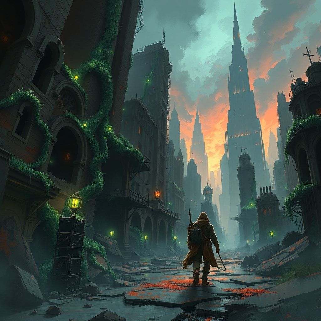A solitary traveler in a frayed, oil-stained duster trudges through the ruins of a forgotten metropolis, its crumbling skyscrapers choked by bioluminescent vines that pulse with an eerie glow under...