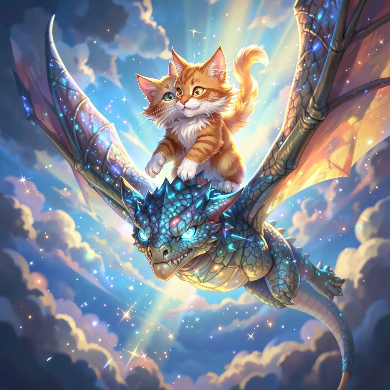 A high-fantasy illustration of a cat soaring through the sky, confidently perched on the back of a majestic, glowing dragon. The dragon has detailed, scaly skin and piercing, magical eyes. The cat has bright, expressive eyes and fluffy fur. They are flying against a dramatic, cloudy sky with sunlight streaming through, creating a sense of wonder and adventure. The scene is filled with magical sparkles and light effects, emphasizing the fantastical nature of their flight.