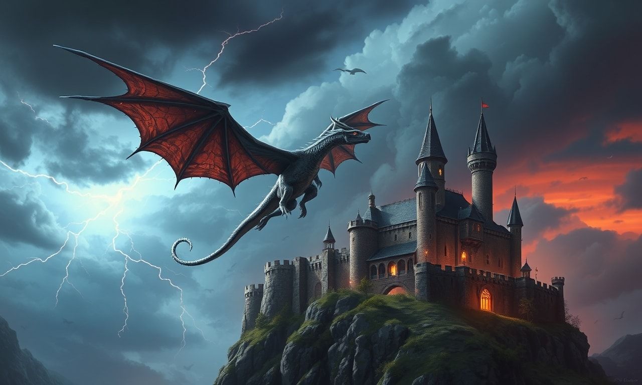 A lone elven arMajestic dragon flying over a medieval fantasy castle on a cliff, storm clouds, lightning, epic scale, dramatic lighting, digital fantasy painting