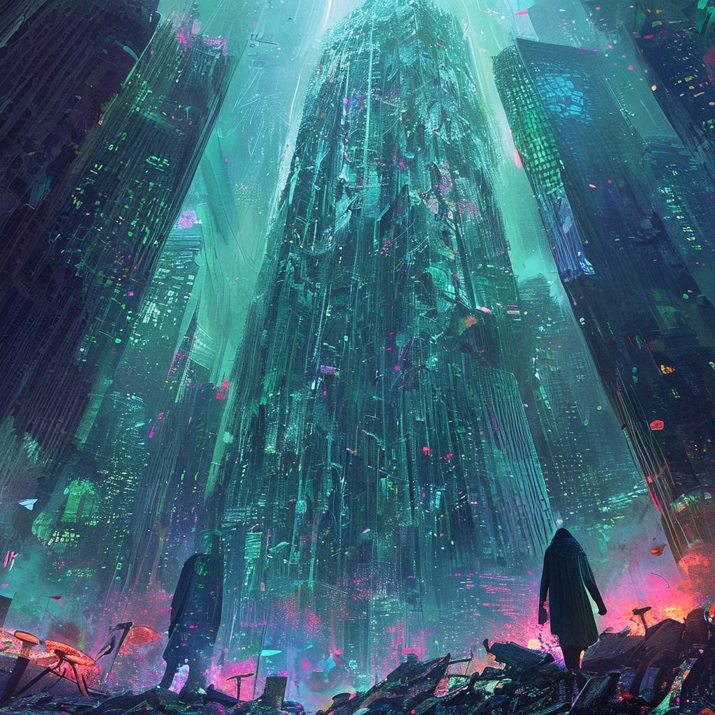 A towering, vine-choked skyscraper looms over a fractured metropolis, its glass panes shattered like dragon scales, while bioluminescent fungi pulse in the ruins below. A lone, hooded figure stands...