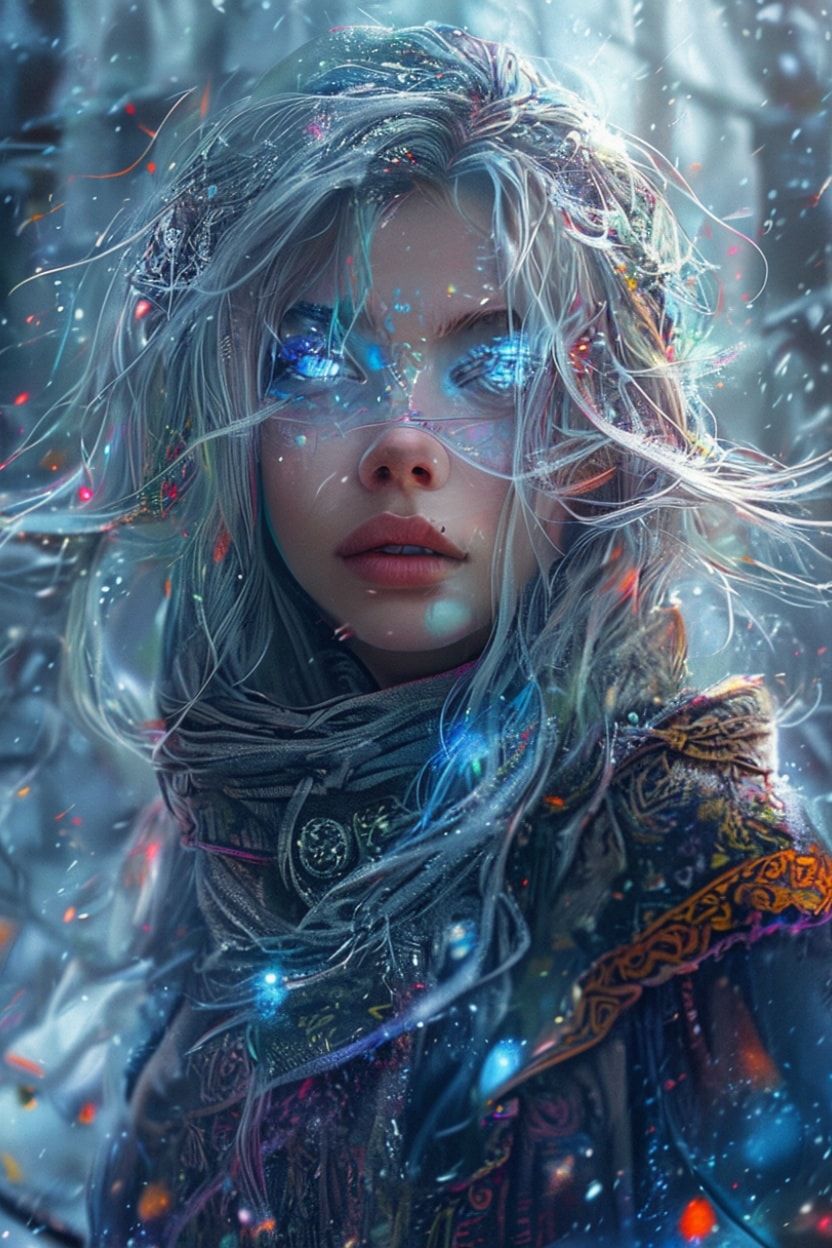 mystical young woman with silver hair and glowing blue eyes stands amidst an ancient, snow-laden forest