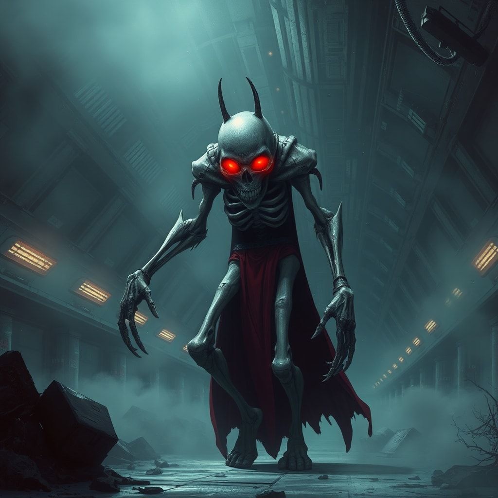 A towering, otherworldly figure with elongated limbs and a skeletal face, Dalik strides through the eerie, fog-shrouded corridors of a derelict spaceship, his glowing red eyes scanning the shadows....