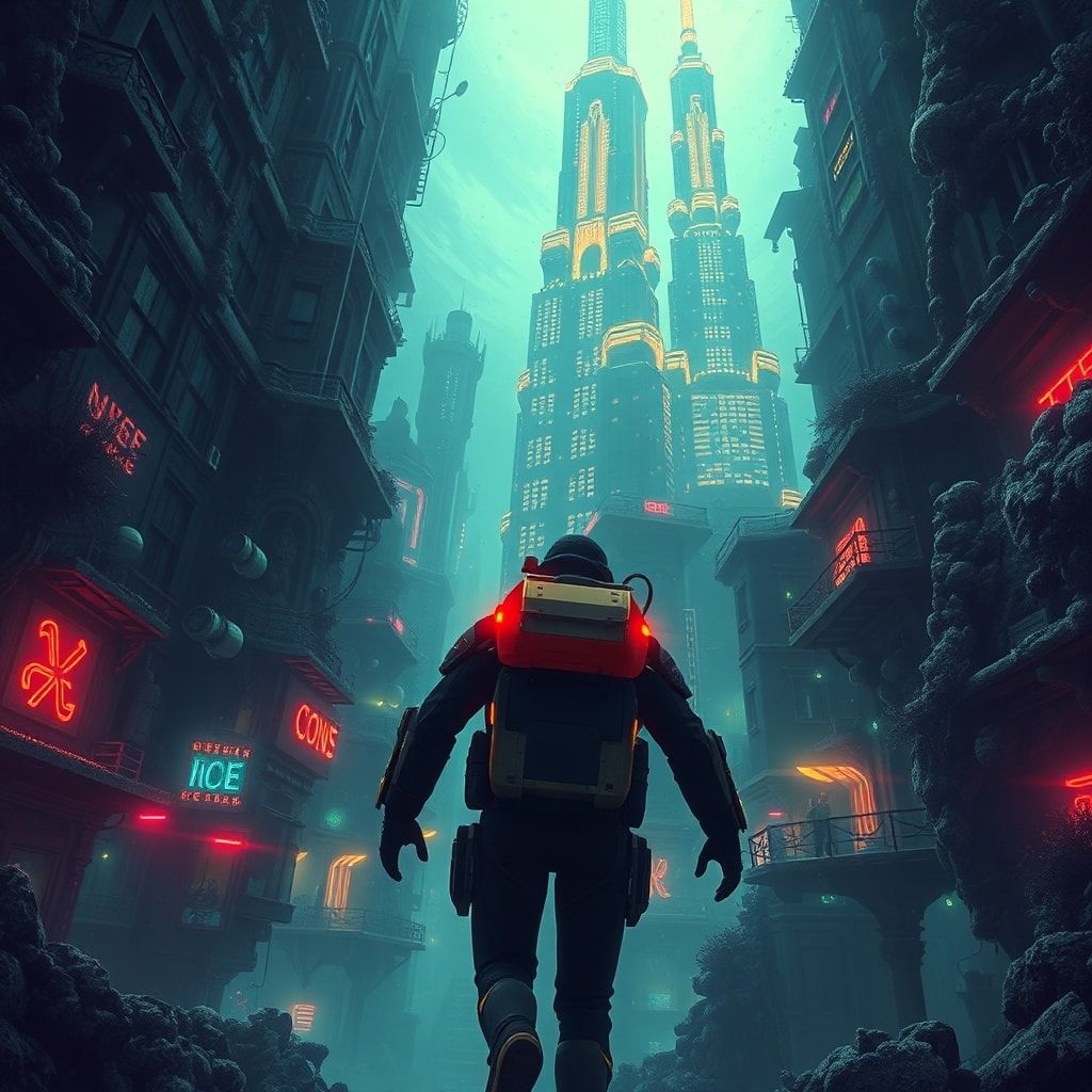 A lone deep-sea explorer in a high-tech diving suit navigates through the labyrinthine streets of an abandoned underwater metropolis, where towering coral skyscrapers pulse with an eerie biolumines...