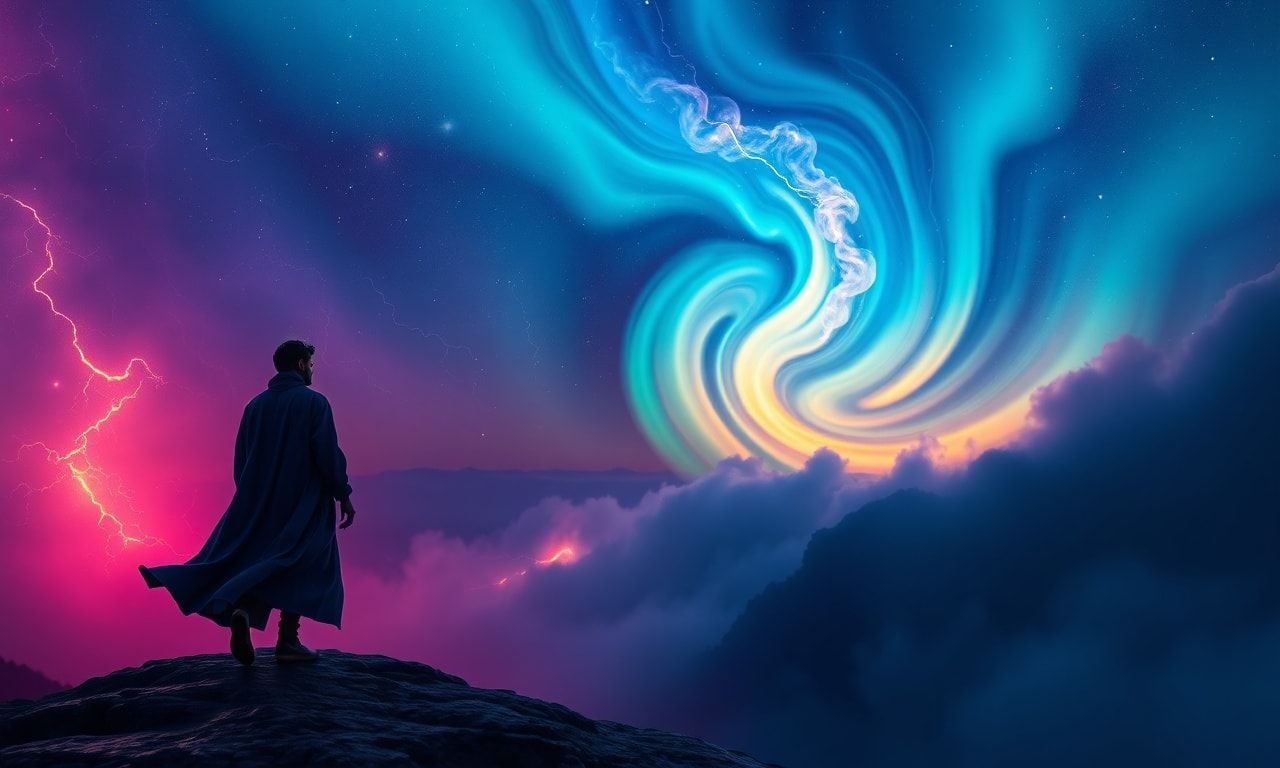 A lone traveler in a flowing indigo robe stands at the precipice of an infinite cosmic storm, their silhouette bathed in the radiant hues of a celestial aurora, as swirling tendrils of luminous gas...