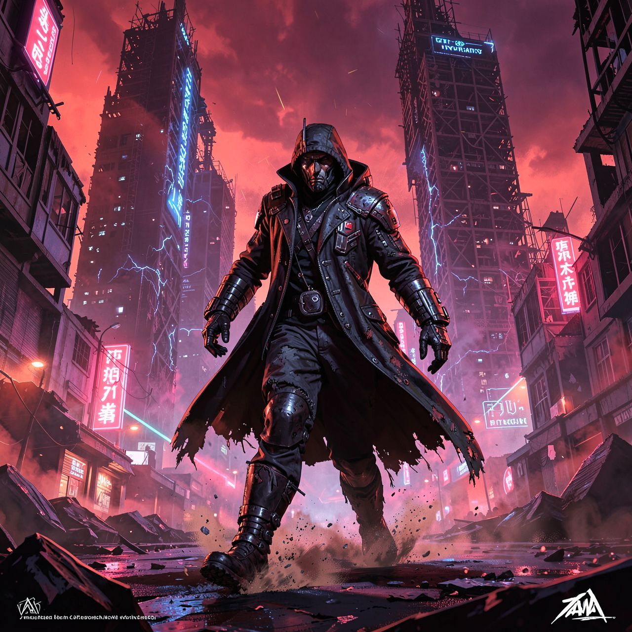 A lone cyberpunk wanderer in a tattered, high-tech coat strides through a neon-drenched apocalypse, their boots kicking up dust as skeletal skyscrapers hum with eerie electric life beneath a crimso...
