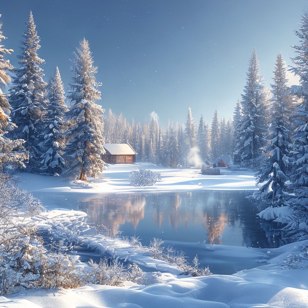 A breathtaking winter landscape featuring a frozen lake surrounded by snow-laden evergreen trees. In the distance, a cozy wooden cabin with a smoke rising from its chimney nestles among the trees. The sky is a clear, deep blue, and the low sun casts a soft, warm golden light across the scene, creating a magical and serene atmosphere. The snow on the ground and trees is detailed with a crisp, photorealistic texture, emphasizing the cold, fresh air. The composition is balanced, with the lake leading the eye towards the cabin, evoking a sense of peaceful solitude and winter wonder.