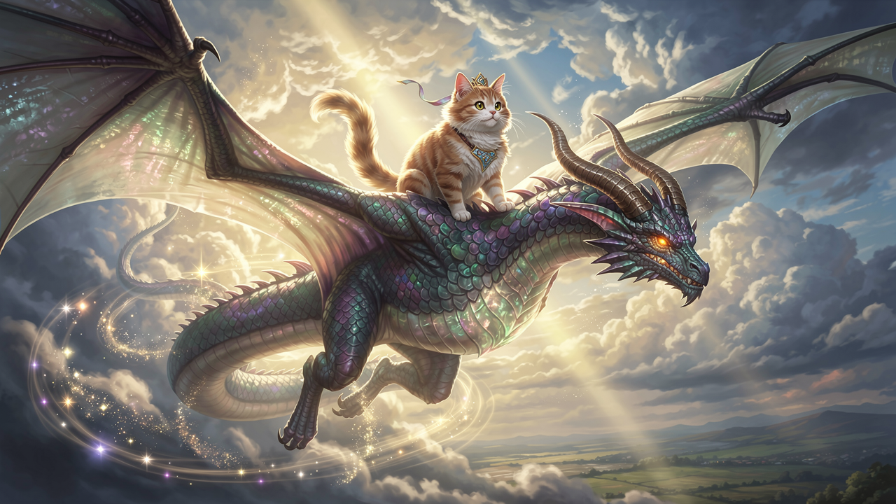 A high-fantasy illustration of a cat soaring through the sky, confidently perched on the back of a majestic, glowing dragon. The dragon has detailed, scaly skin and piercing, magical eyes. The cat has bright, expressive eyes and fluffy fur. They are flying against a dramatic, cloudy sky with sunlight streaming through, creating a sense of wonder and adventure. The scene is filled with magical sparkles and light effects, emphasizing the fantastical nature of their flight.