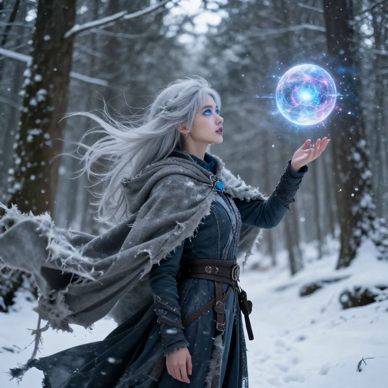 A mystical young woman with silver hair and glowing blue eyes stands amidst an ancient, snow-laden forest, her tattered cloak billowing in the icy wind as she gazes at a floating orb of ethereal li...
