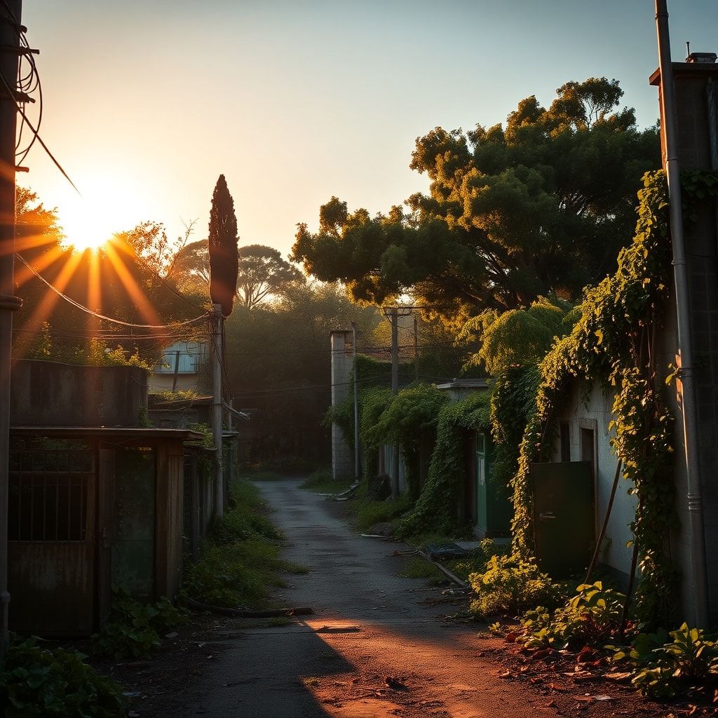 A desolate urban landscape swallowed by lush vines and towering trees, bathed in golden hour sunlight casting long shadows, captured with a shallow depth of field, hyper-detailed textures, and a ci...