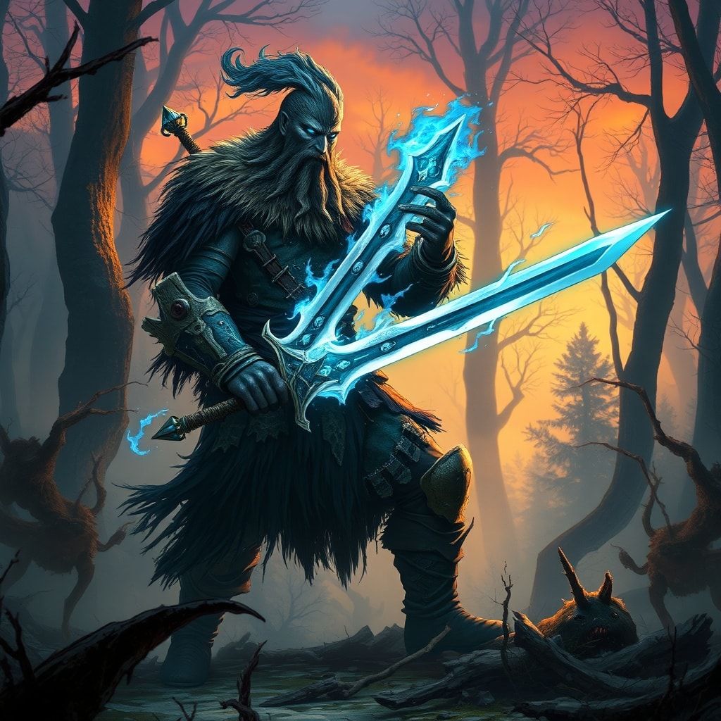 A battle-worn fantasy warrior, clad in tattered fur and enchanted steel, stands amidst a mist-shrouded forest at dusk, his sword glowing with ethereal blue flames as he faces an unseen foe, surroun...