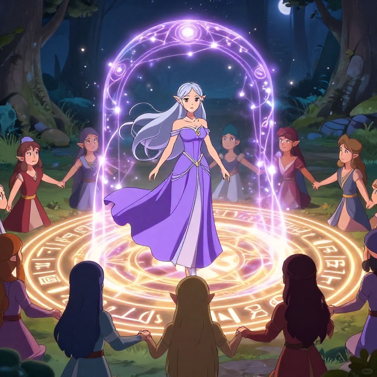 Elven magic circle ritual fantasy scene, beautiful elven maiden with long flowing silver hair standing inside a glowing magical circle, elegant elven woman in a flowing violet and silver dress with a serene expression, ancient runes and symbols forming a luminous circle on the ground, protective ward rising like a dome of light, other elven figures joining hands at the circle edge, sacred grove at night, soft moonlight and mystical particles, cinematic composition, cartoon style, anime art style, fantasy art style, mystical and protective mood, detailed and atmospheric, ethereal beauty, animated style, vibrant colors, cartoon style