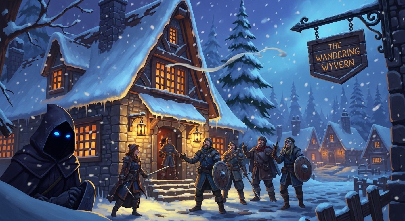 A quaint stone tavern nestled in a snowy village, its warm lantern light spilling onto the frost-kissed path where a band of adventurers and a hooded figure with glowing eyes gather beneath a creak...