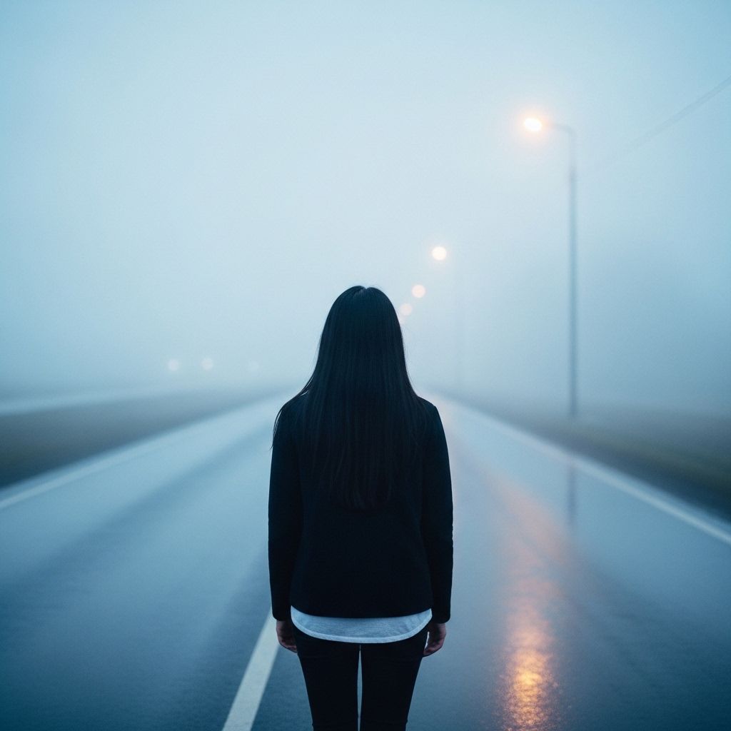 A girl with long black hair stands facing away, looking into the distance on a foggy road. The winter atmosphere feels cold and damp, like after a light rain. Thick February fog drifts across the empty road, reflecting soft, muted streetlight glow. The ground is slightly wet, adding subtle reflections. Pale blue and gray tones dominate the scene. The mood is quiet, melancholic, and cinematic, as if frozen in time. Cinematic composition, wide-angle shot, soft diffused lighting, shallow depth of field, realistic textures, gentle film grain, emotional winter atmosphere, like a scene from a slow, intimate film.