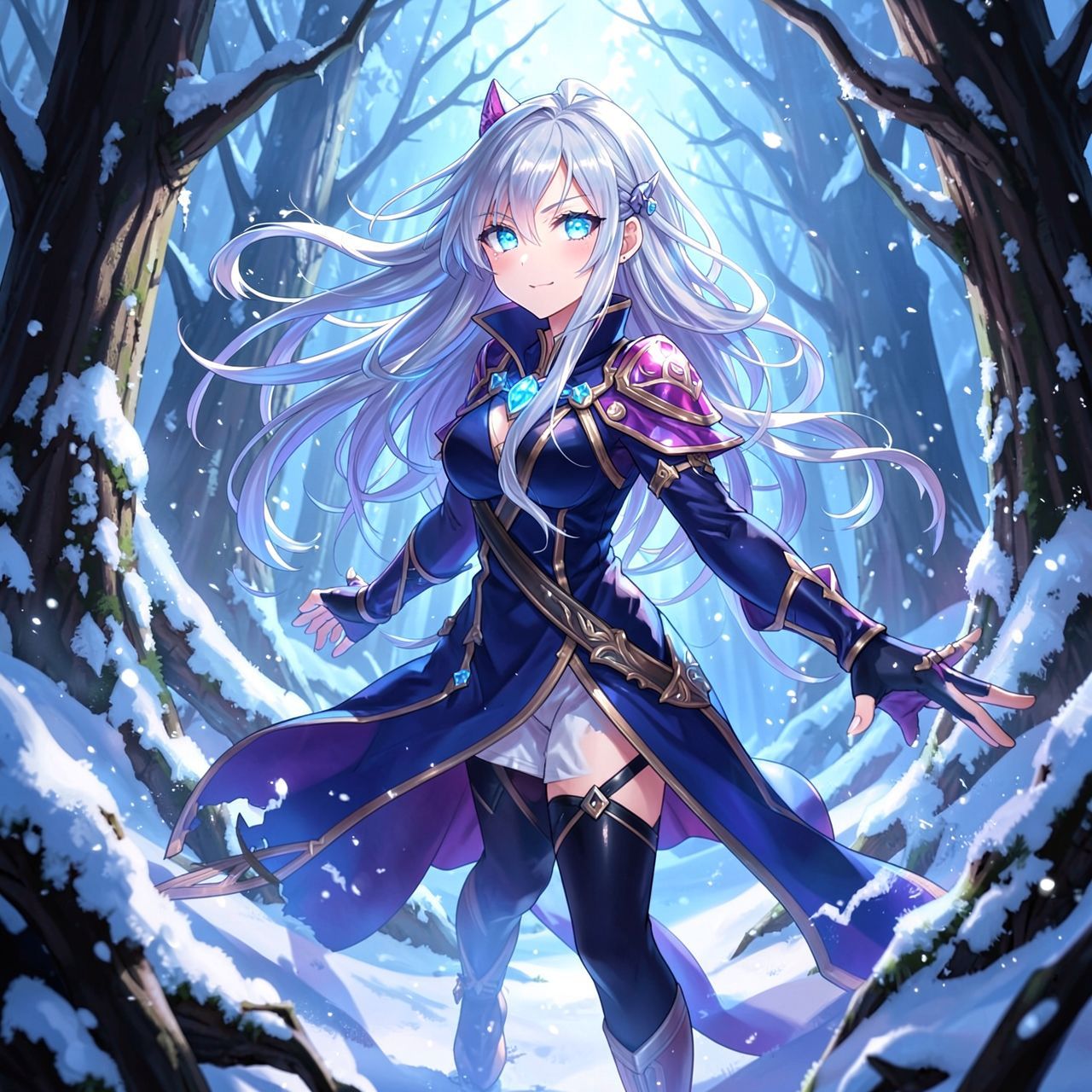 mystical young woman with silver hair and glowing blue eyes stands amidst an ancient, snow-laden forest