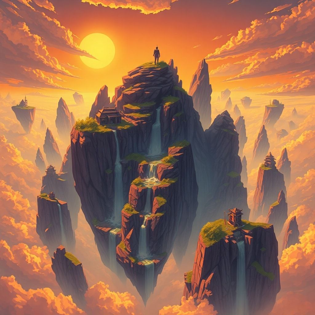 A vast expanse of floating islands drifts through a golden twilight sky, their jagged cliffs adorned with ancient ruins and cascading waterfalls. A lone adventurer stands atop the highest peak, sil...