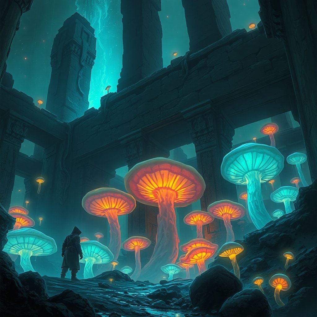 bioluminescent fungi pulse in the ruins below. A lone, hooded figure stands...