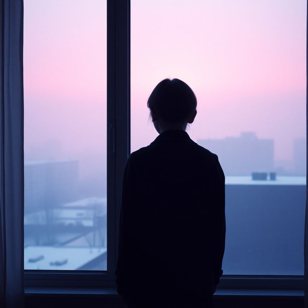 A girl stands inside a quiet room, facing away, looking out through a window. Outside, a foggy February winter unfolds — light snowfall drifts slowly through the air, and the sky glows with soft violet and muted purple tones. The city beyond the glass feels distant and blurred by mist. Cold winter light enters the room gently, casting subtle shadows. The atmosphere is calm, introspective, and emotional, capturing a moment of stillness and inner change. Cinematic composition, soft diffused lighting, shallow depth of field, cool color palette with violet accents, misty winter mood, realistic textures, gentle film grain, intimate and poetic atmosphere, like a scene from a quiet winter film.