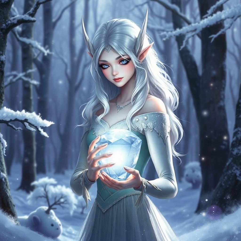 A delicate elven maiden with silver hair and luminous violet eyes stands poised in a frost-kissed enchanted forest, her breath visible in the crisp air as she gently cradles a glowing crystal orb. ...