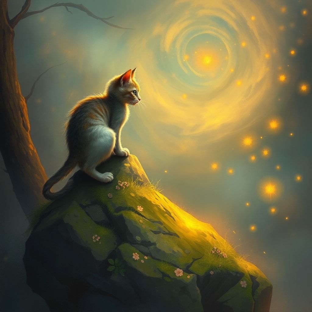 A delicate feline with iridescent fur perches atop an ancient, moss-covered stone, gazing into a swirling mist where fireflies dance like scattered stars. The scene is bathed in ethereal golden twi...