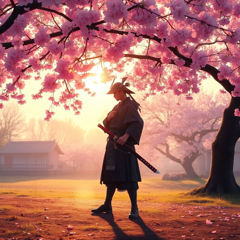 A lone samurai stands beneath a canopy of delicate pink cherry blossoms, his katana resting at his side, bathed in the soft golden light of early morning, surrounded by a gentle breeze that stirs t...