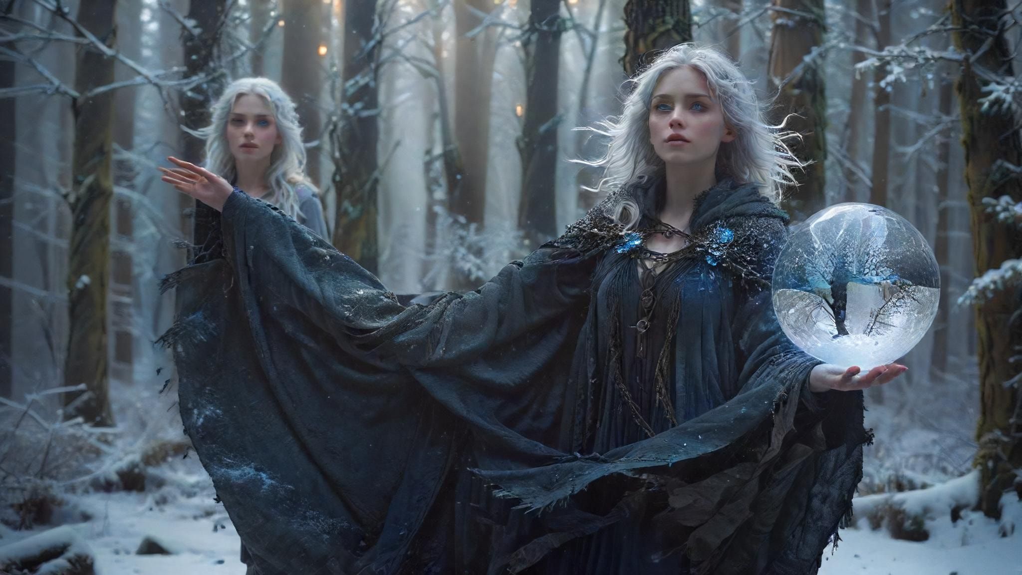 A mystical young woman with silver hair and glowing blue eyes stands amidst an ancient, snow-laden forest, her tattered cloak billowing in the icy wind as she gazes at a floating orb of ethereal li...