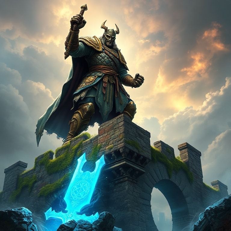 A towering fantasy warrior clad in ornate, weathered armor stands victorious atop a moss-covered stone ruin, his glowing rune-engraved greatsword embedded in the ground, emanating ethereal blue mis...