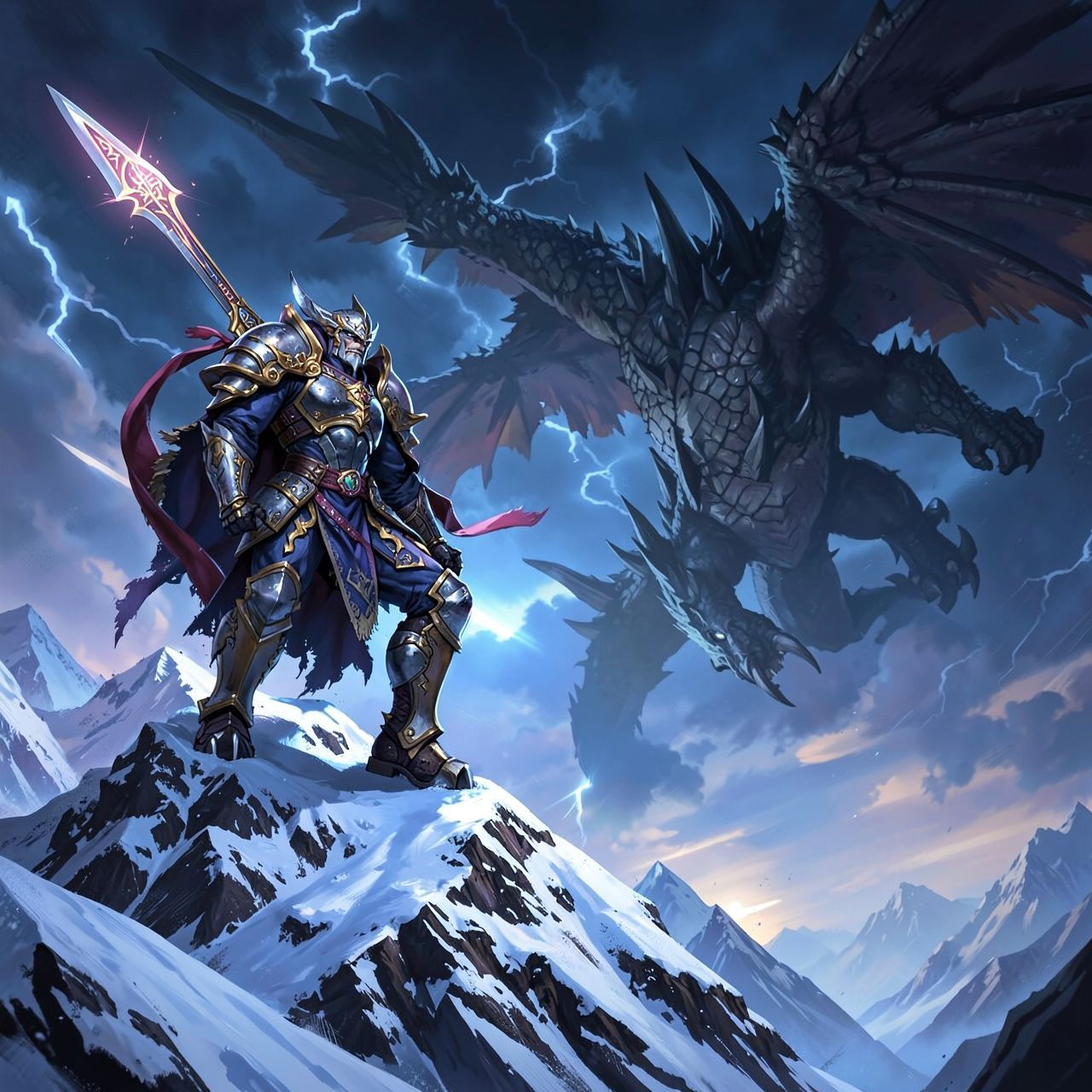 A towering, armored warrior stands atop a snow-capped peak, wielding a glowing rune-etched blade as a colossal, scaled beast descends from storm-wracked skies, its wings casting jagged shadows over...