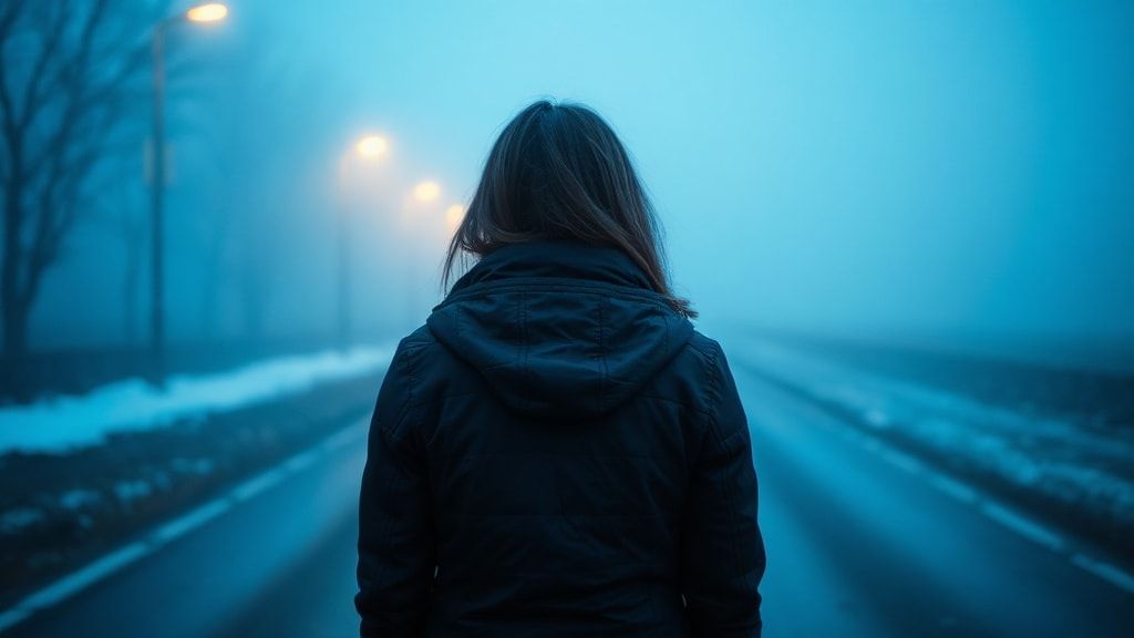 A girl with her back turned stands in a jacket on a winter road, an atmosphere of melancholy, loneliness and blue fog everywhere, as in dark ambient
