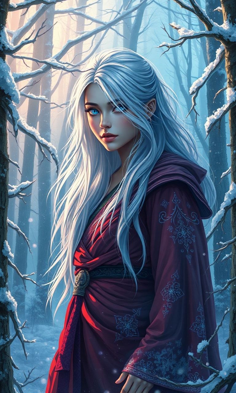 mystical young woman with silver hair and glowing blue eyes stands amidst an ancient, snow-laden forest