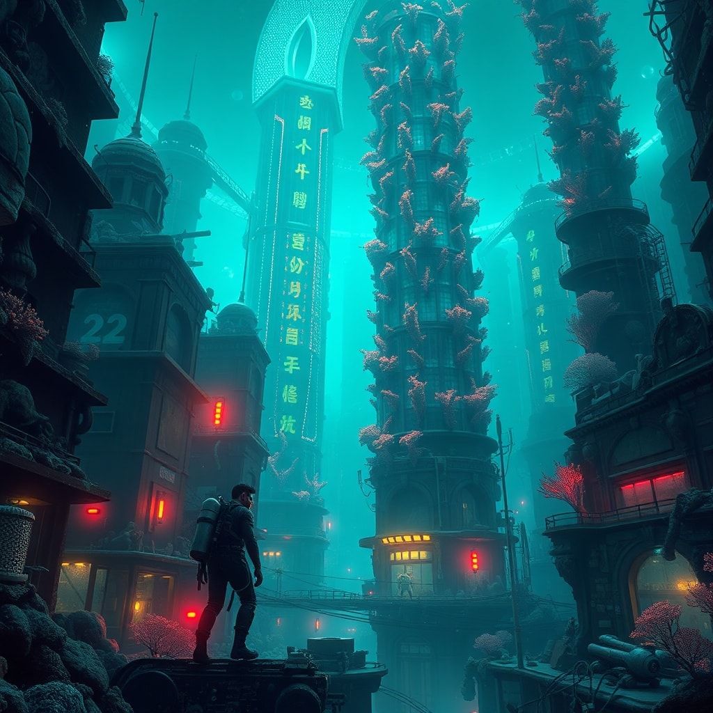 A lone deep-sea explorer in a high-tech diving suit navigates through the labyrinthine streets of an abandoned underwater metropolis, where towering coral skyscrapers pulse with an eerie biolumines...