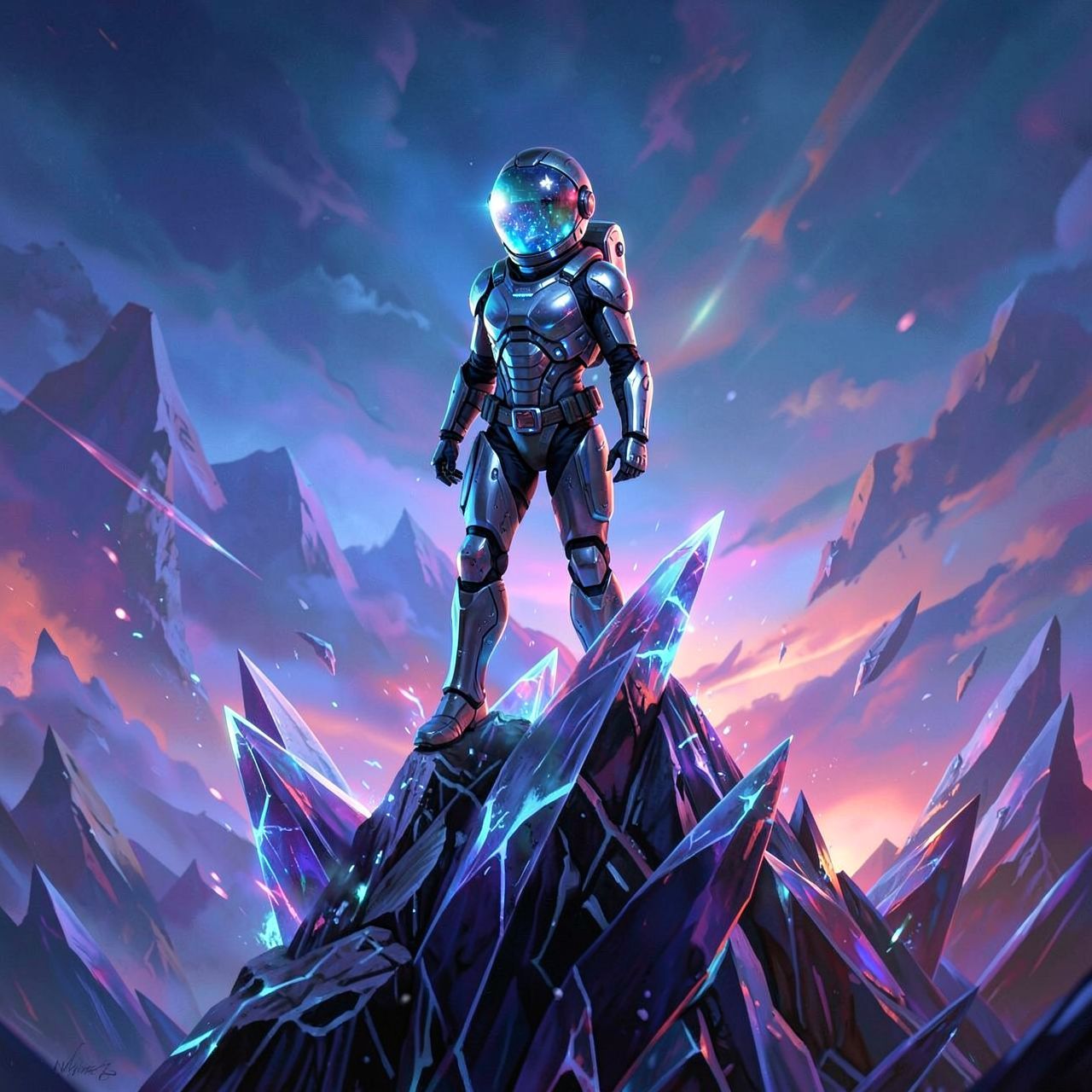 A lone astronaut in a sleek, futuristic exosuit stands atop a towering, razor-sharp crystalline ridge on a distant alien world, their helmet visor reflecting the haunting, ethereal glow of twin bio...