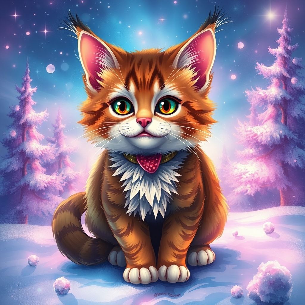 fantasy kitty with magical winter background